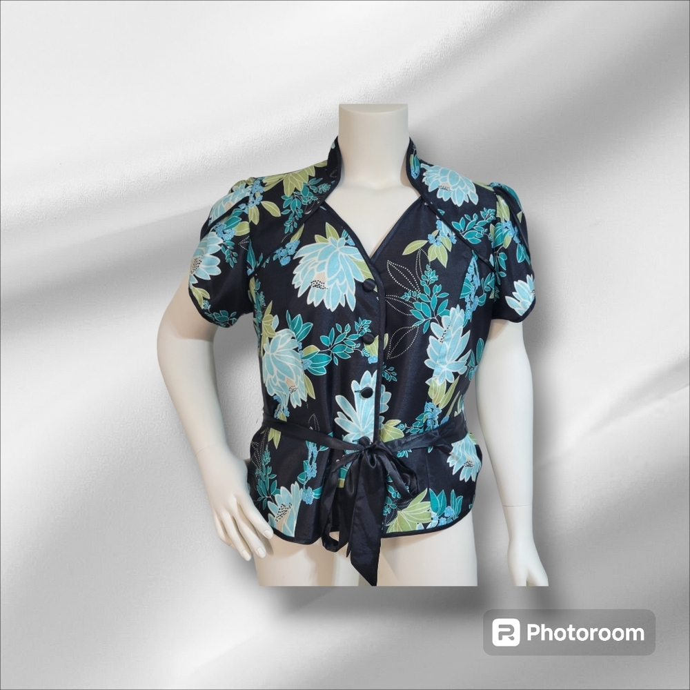 MSK Black Floral Short Sleeve Belted Blouse